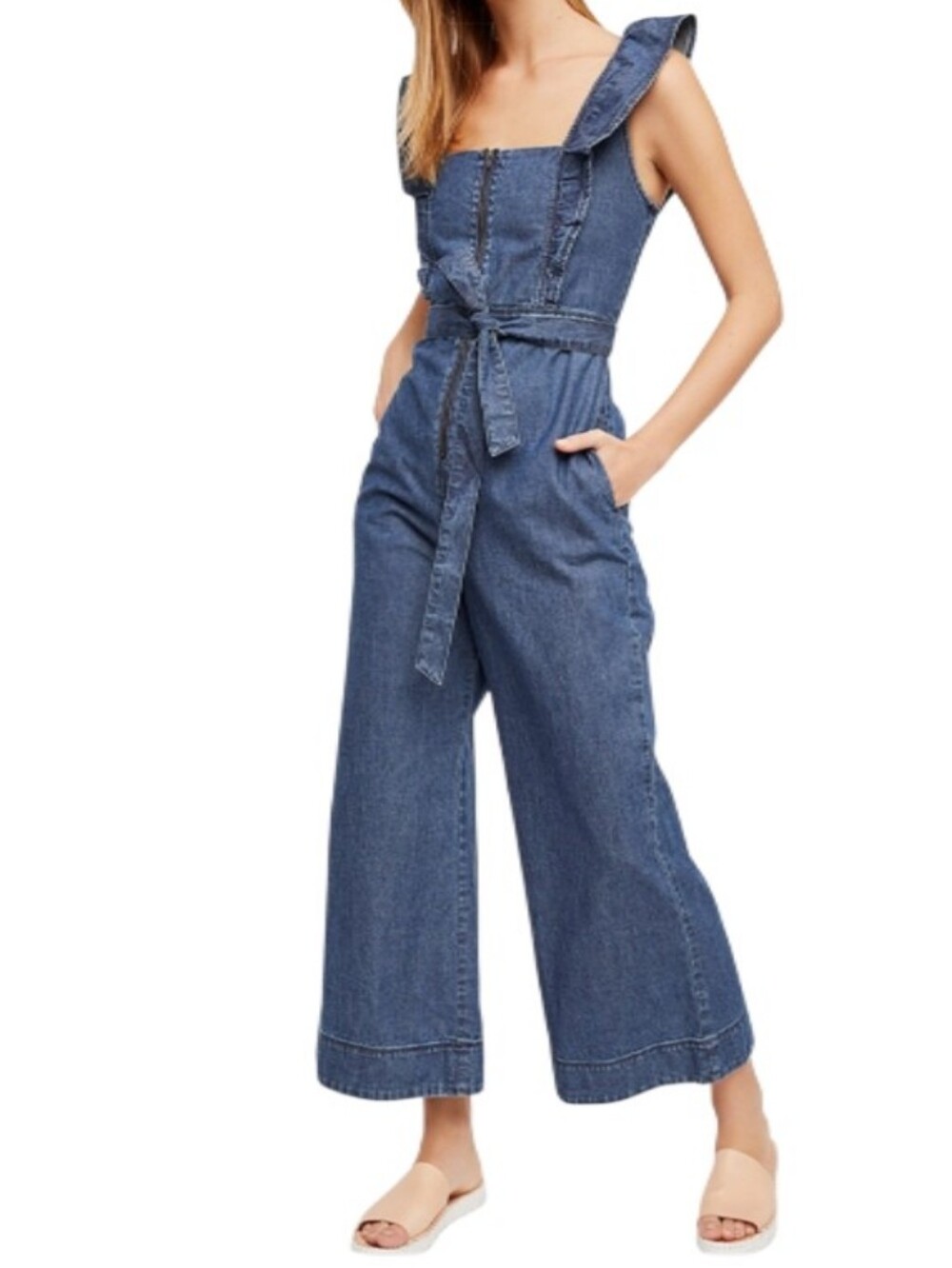 Free People Sun Valley Ruffled Front Zip Belted Denim Wide-Leg Jumpsuit
